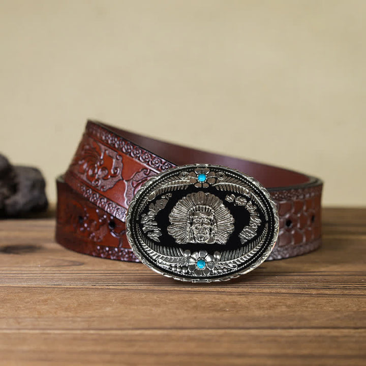 Men's DIY Indian Chief Turquoise Buckle Leather Belt - Silver - Brown Carved Belt (40) - image 15