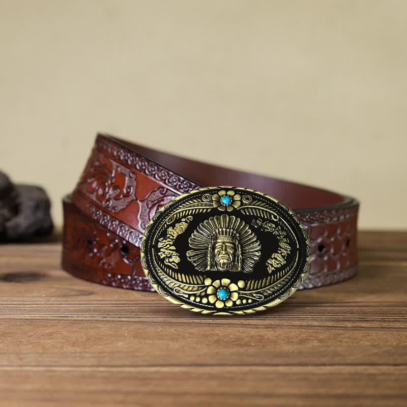 Men's DIY Indian Chief Turquoise Buckle Leather Belt - Bronze - Brown Carved Belt (40) - image 7