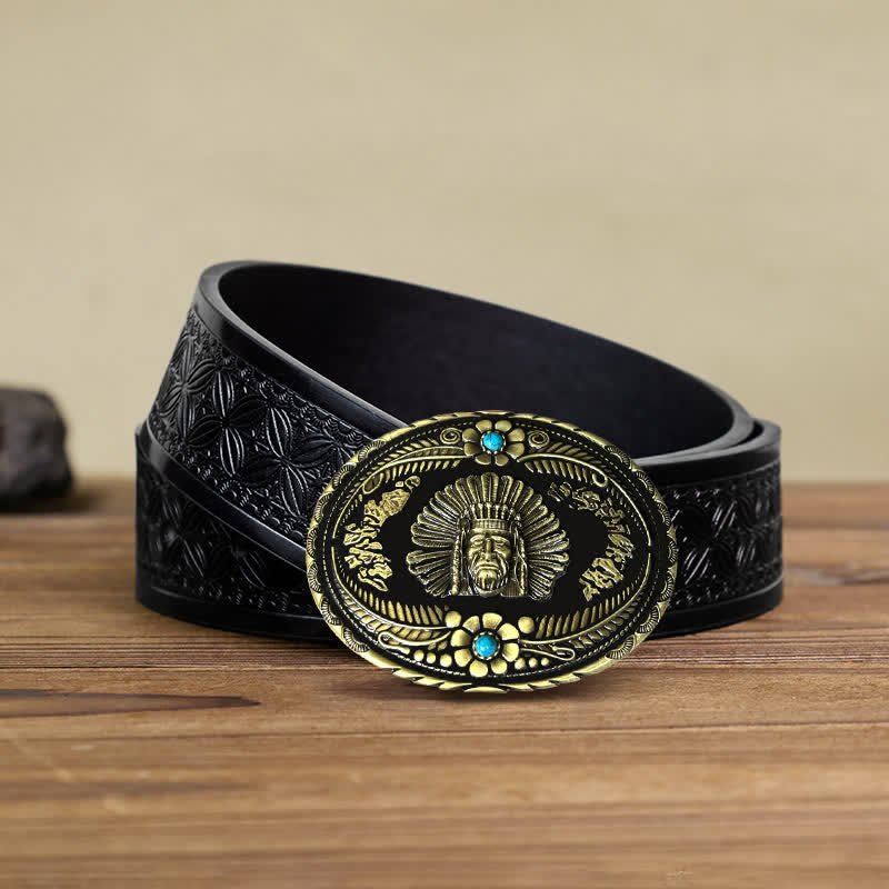Men's DIY Indian Chief Turquoise Buckle Leather Belt - Bronze - Black Embossed Weave Belt (38) - image 5