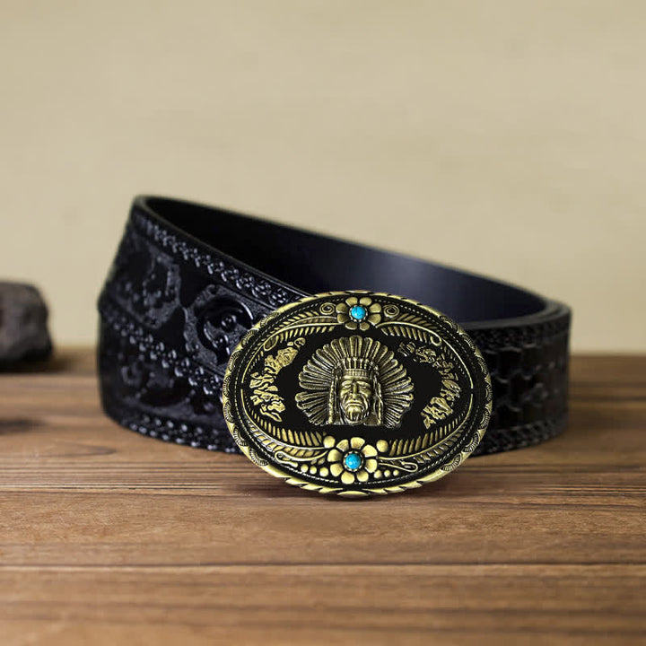 Men's DIY Indian Chief Turquoise Buckle Leather Belt - Bronze - Black Carved Belt (40) - image 6