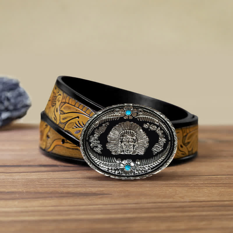 Men's DIY Indian Chief Turquoise Buckle Leather Belt - Silver - SandyBrown Belt (40) - image 16