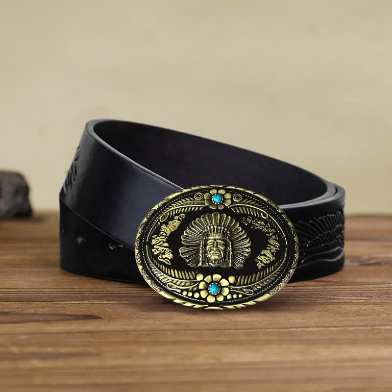 Men's DIY Indian Chief Turquoise Buckle Leather Belt - Bronze - Black Embossed Eagle Belt (38) - image 4