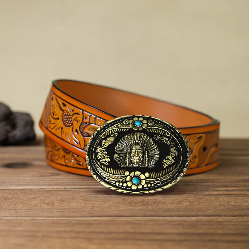 Men's DIY Indian Chief Turquoise Buckle Leather Belt - Bronze - Orange Carved Belt (40) - image 9