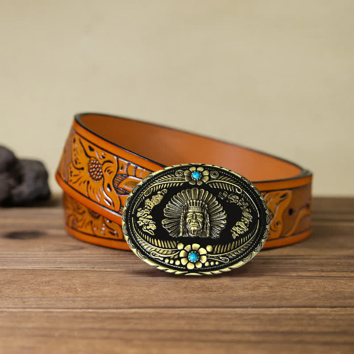 Men's DIY Indian Chief Turquoise Buckle Leather Belt - Bronze - Orange Carved Belt (40) - image 9