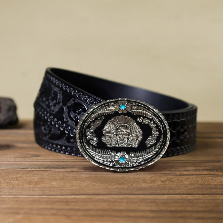 Men's DIY Indian Chief Turquoise Buckle Leather Belt - Silver - Black Carved Belt (40) - image 14