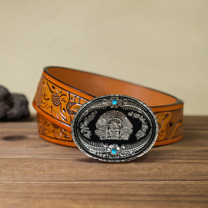 Men's DIY Indian Chief Turquoise Buckle Leather Belt - Silver - Orange Carved Belt (40) - image 17