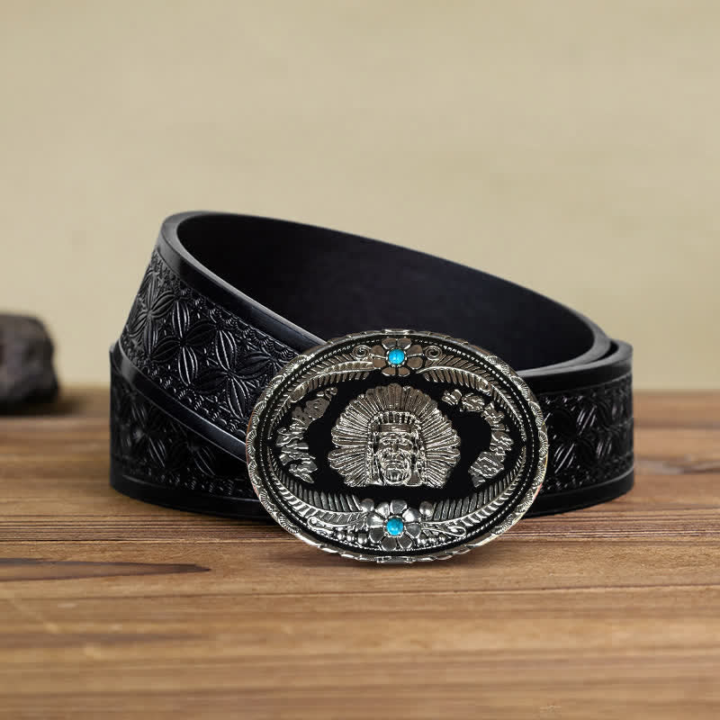 Men's DIY Indian Chief Turquoise Buckle Leather Belt - Silver - Black Embossed Weave Belt (38) - image 13