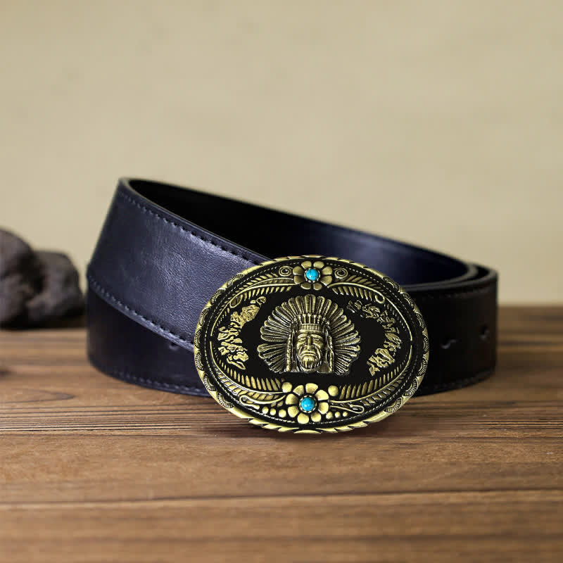 Men's DIY Indian Chief Turquoise Buckle Leather Belt - Bronze - Black PU Belt (40) - image 3