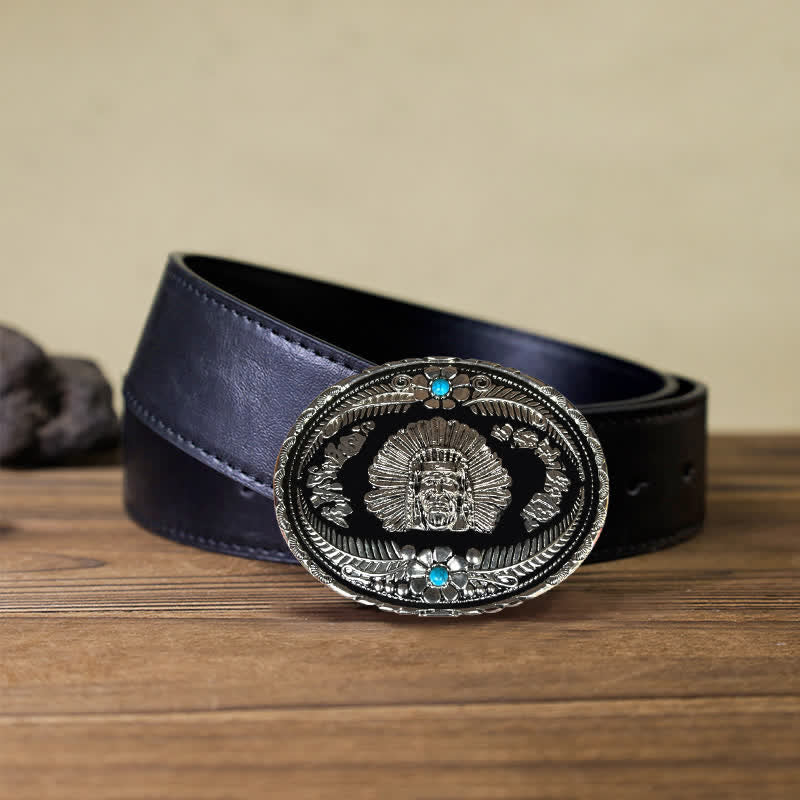 Men's DIY Indian Chief Turquoise Buckle Leather Belt - Silver - Black PU Belt (40) - image 11