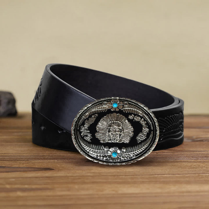 Men's DIY Indian Chief Turquoise Buckle Leather Belt - Silver - Black Embossed Eagle Belt (38) - image 12