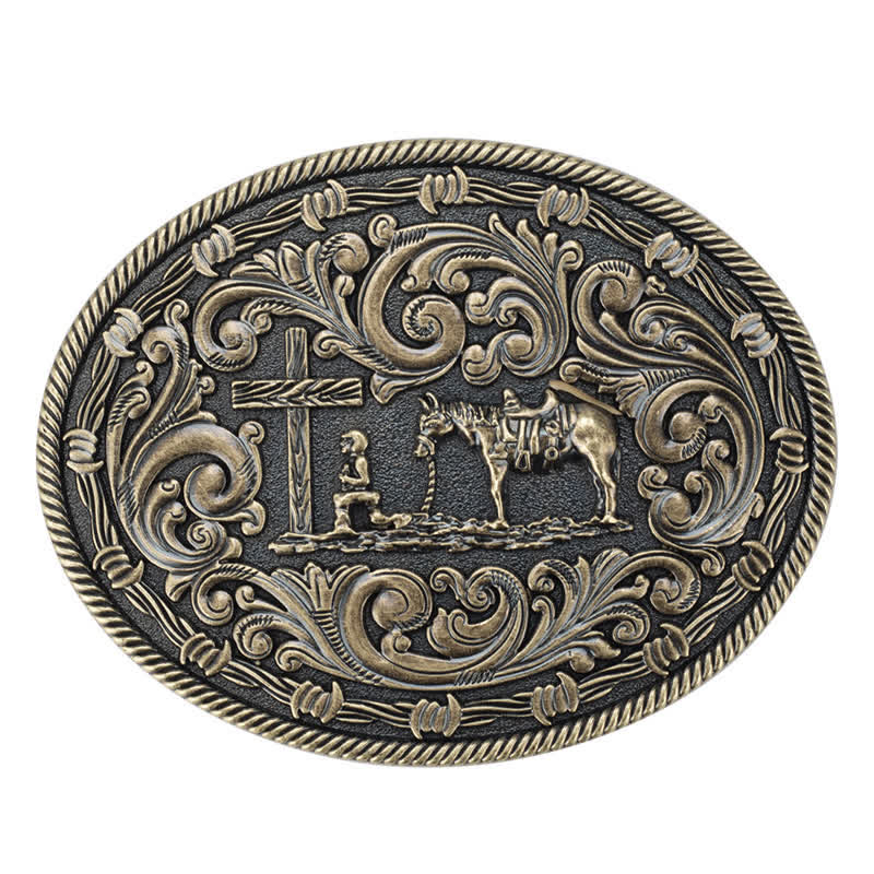 Men's DIY Horseman Kneeling Buckle Leather Belt - Bronze - Without Belt - image 12