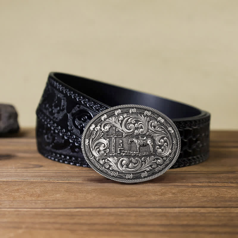 Men's DIY Horseman Kneeling Buckle Leather Belt - Silver - Black Carved Belt (40) - image 8