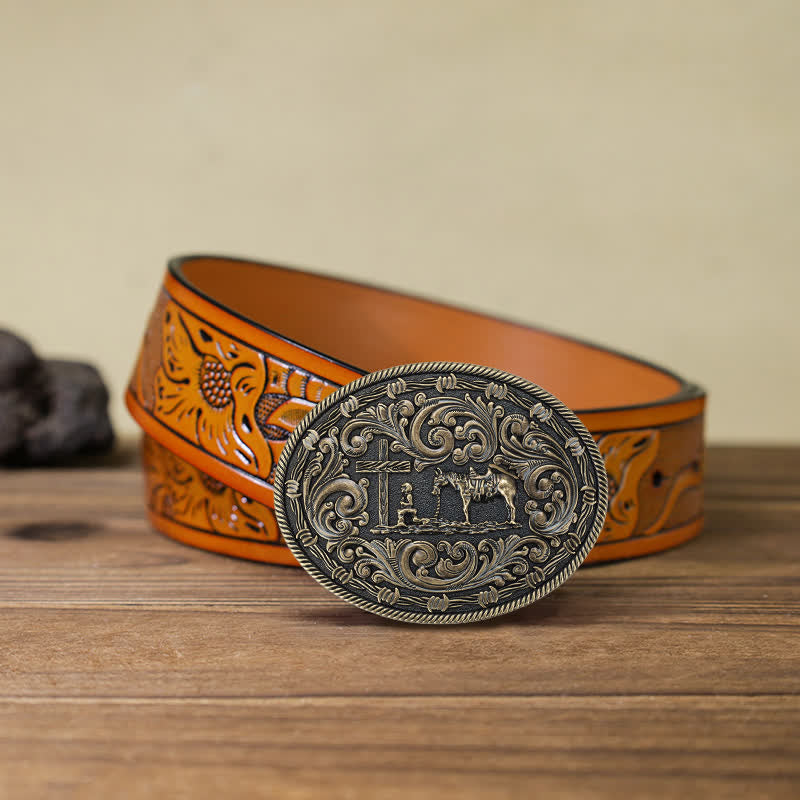 Men's DIY Horseman Kneeling Buckle Leather Belt - Bronze - Orange Carved Belt (40) - image 20