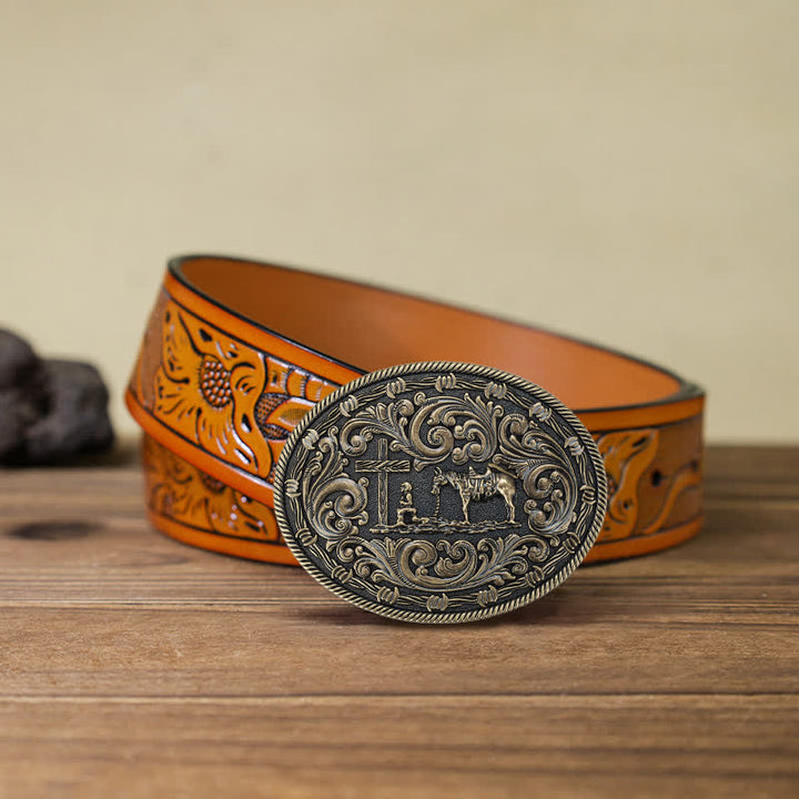 Men's DIY Horseman Kneeling Buckle Leather Belt - Bronze - Orange Carved Belt (40) - image 20