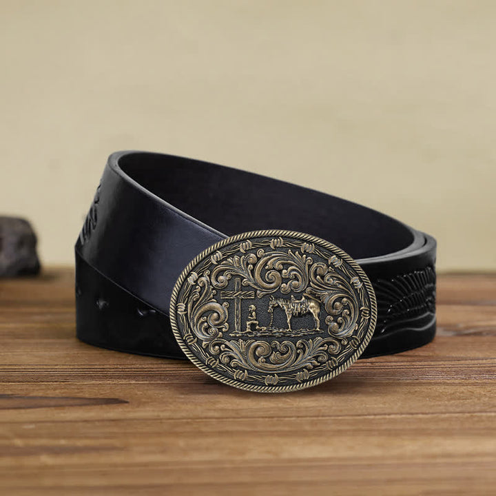 Men's DIY Horseman Kneeling Buckle Leather Belt - Bronze - Black Embossed Eagle Belt (38) - image 15