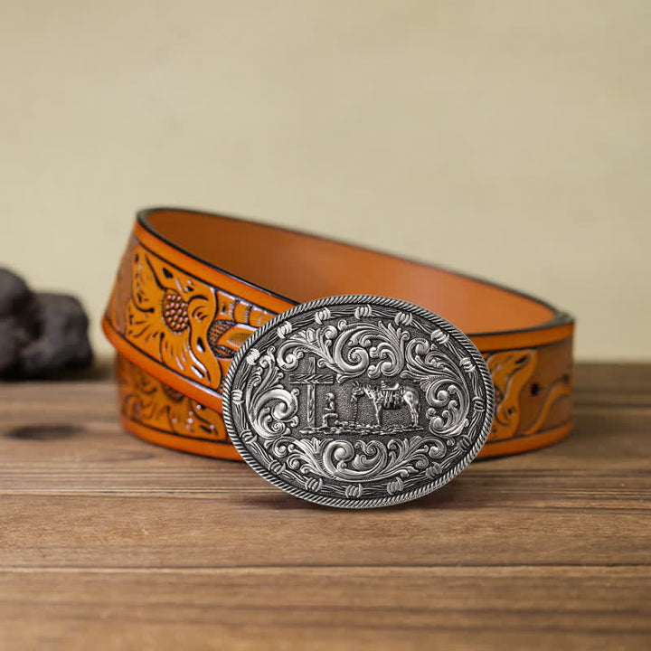 Men's DIY Horseman Kneeling Buckle Leather Belt - Silver - Orange Carved Belt (40) - image 11