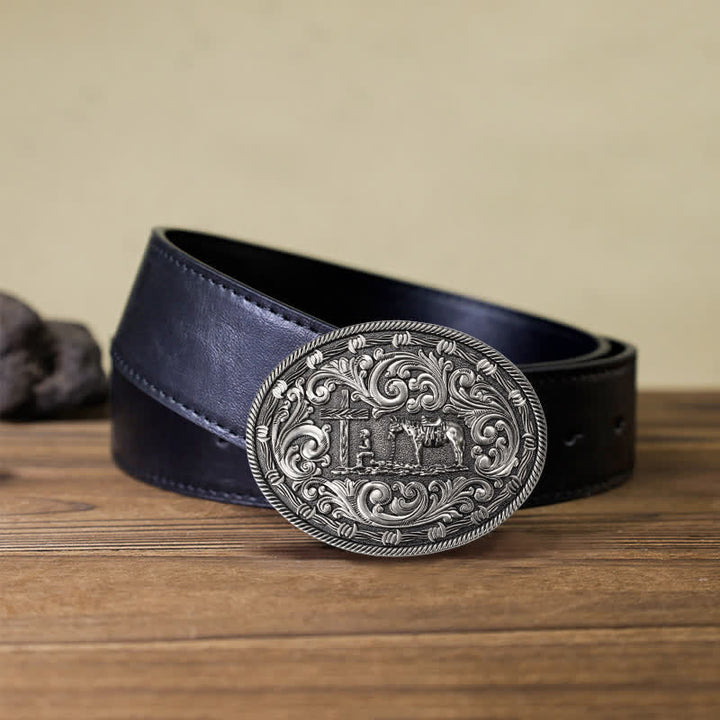 Men's DIY Horseman Kneeling Buckle Leather Belt - Silver - Black PU Belt (40) - image 5