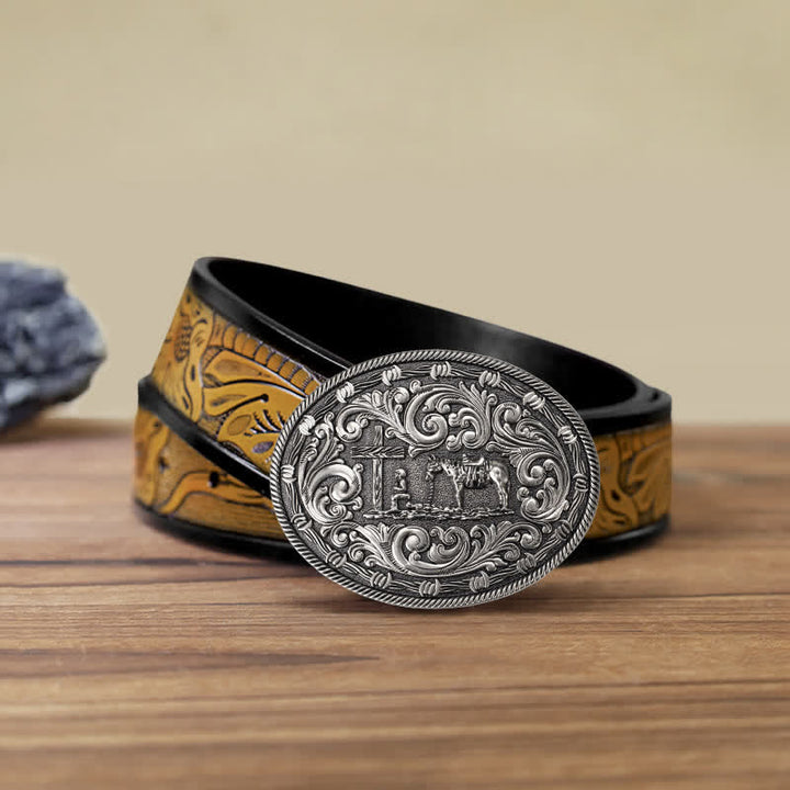 Men's DIY Horseman Kneeling Buckle Leather Belt - Silver - SandyBrown Belt (40) - image 10