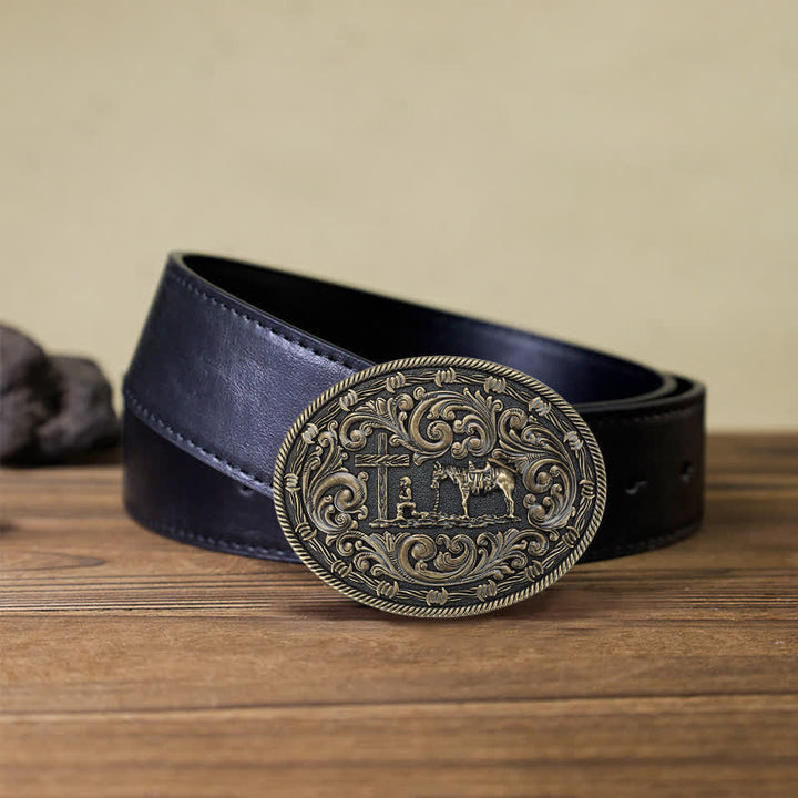 Men's DIY Horseman Kneeling Buckle Leather Belt - Bronze - Black PU Belt (40) - image 14