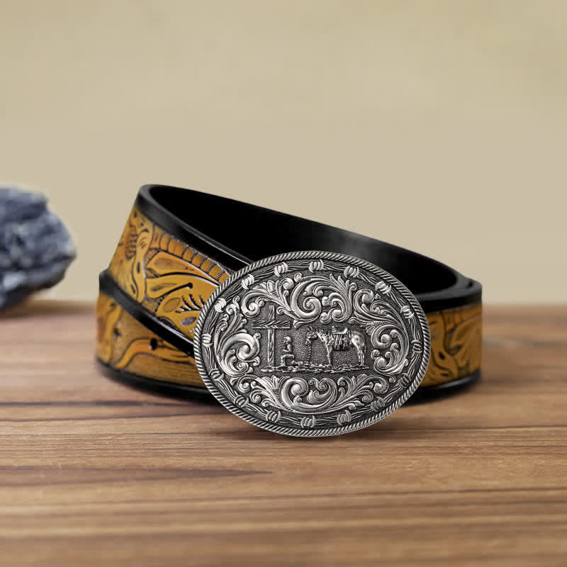 Men's DIY Horseman Kneeling Buckle Leather Belt - Silver - SandyBrown Belt (40) - image 10