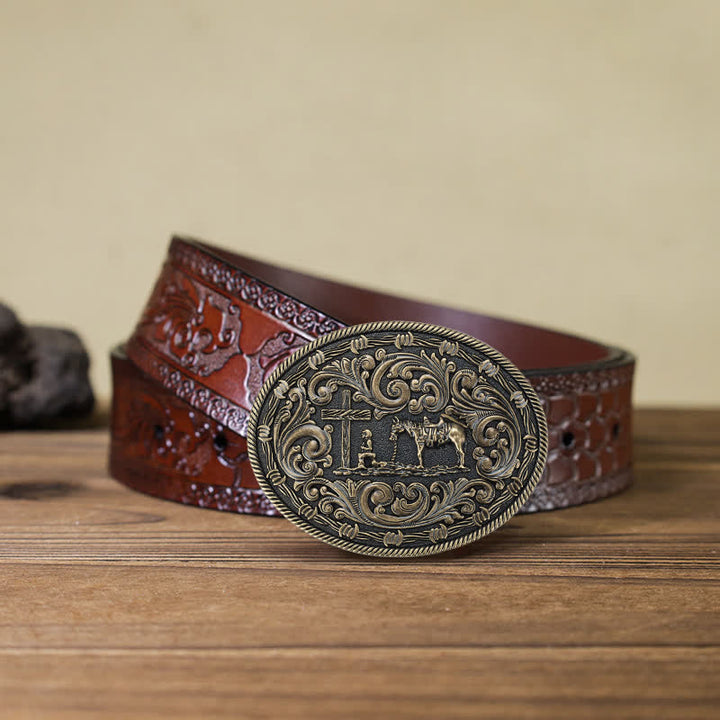 Men's DIY Horseman Kneeling Buckle Leather Belt - Bronze - Brown Carved Belt (40) - image 18