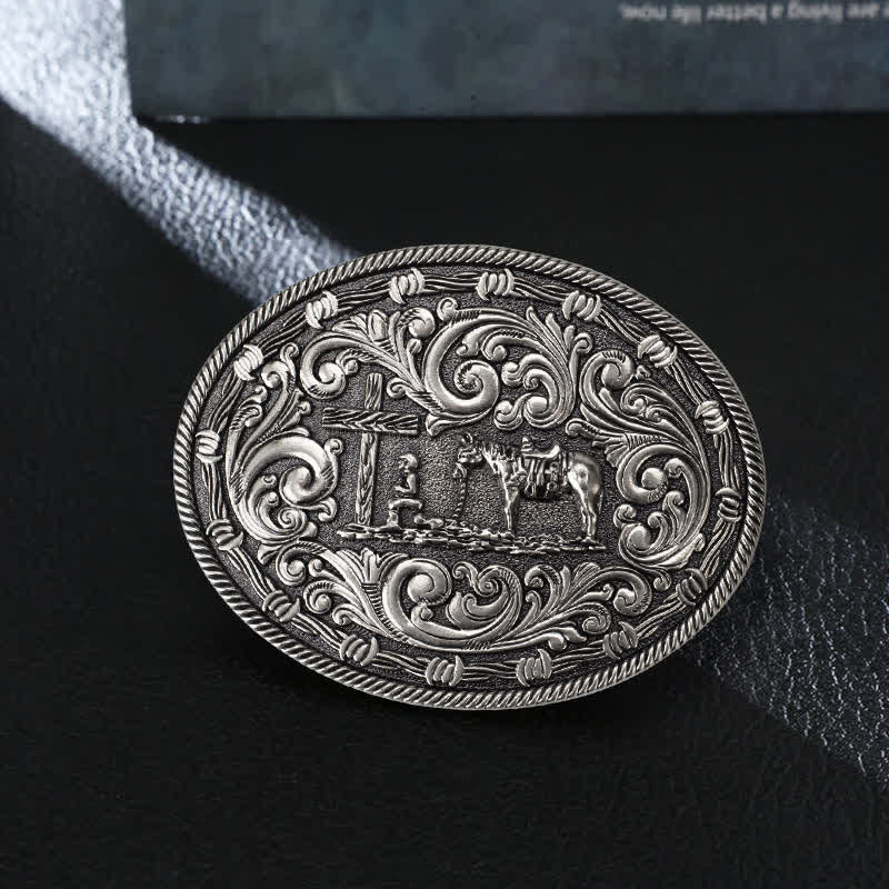 Men's DIY Horseman Kneeling Buckle Leather Belt - Silver - Without Belt - image 0
