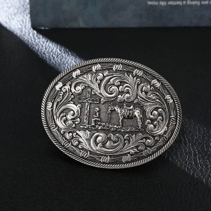 Men's DIY Horseman Kneeling Buckle Leather Belt - Silver - Without Belt - image 0
