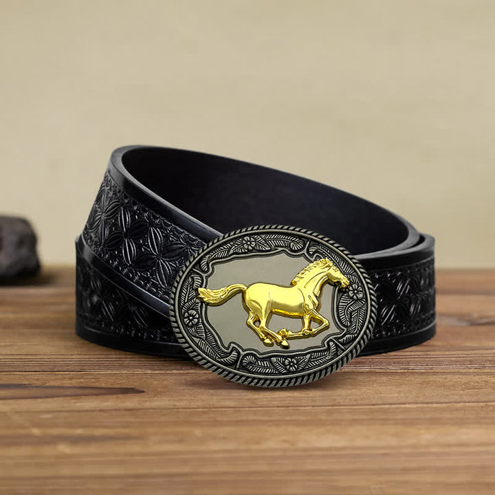 Men's DIY Horse Bull Animal Buckle Leather Belt - Horse - Black Embossed Weave Belt (38) - image 4