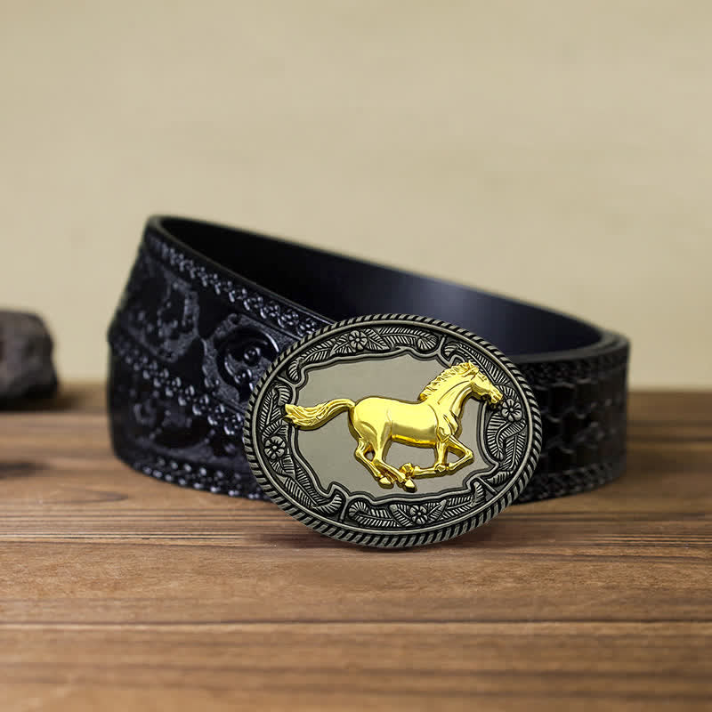 Men's DIY Horse Bull Animal Buckle Leather Belt - Horse - Black Carved Belt (40) - image 5