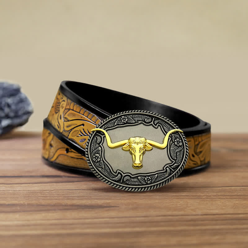 Men's DIY Horse Bull Animal Buckle Leather Belt - Bull - SandyBrown Belt (40) - image 15