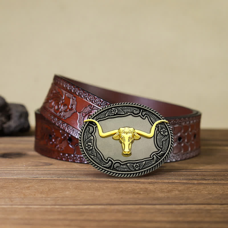 Men's DIY Horse Bull Animal Buckle Leather Belt - Bull - Brown Carved Belt (40) - image 14