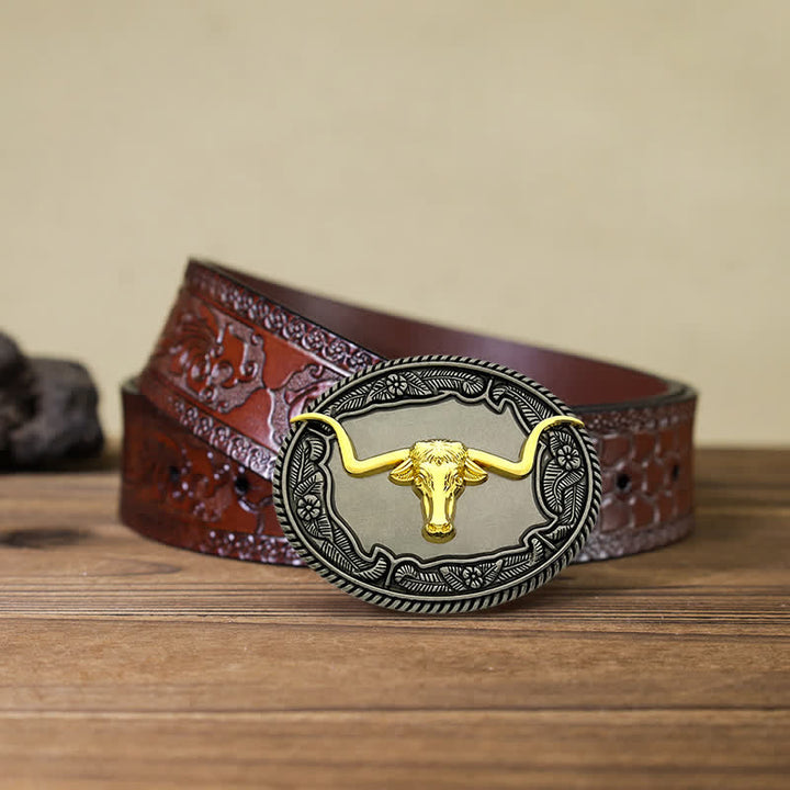 Men's DIY Horse Bull Animal Buckle Leather Belt - Bull - Brown Carved Belt (40) - image 14
