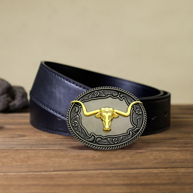 Men's DIY Horse Bull Animal Buckle Leather Belt - Bull - Black PU Belt (40) - image 10