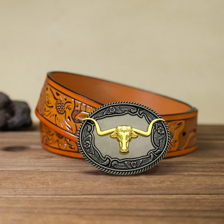 Men's DIY Horse Bull Animal Buckle Leather Belt - Bull - Orange Carved Belt (40) - image 16