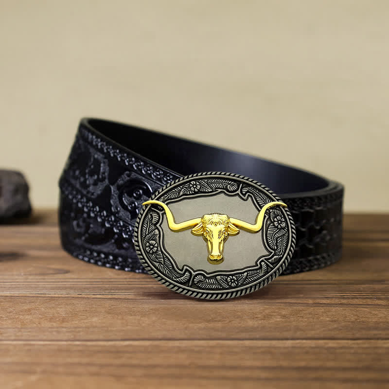 Men's DIY Horse Bull Animal Buckle Leather Belt - Bull - Black Carved Belt (40) - image 13