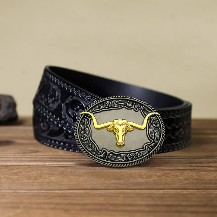 Men's DIY Horse Bull Animal Buckle Leather Belt - Bull - Black Carved Belt (40) - image 13