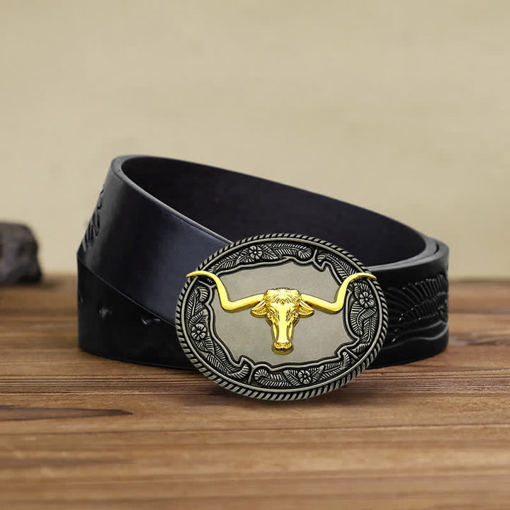 Men's DIY Horse Bull Animal Buckle Leather Belt - Bull - Black Embossed Eagle Belt (38) - image 11