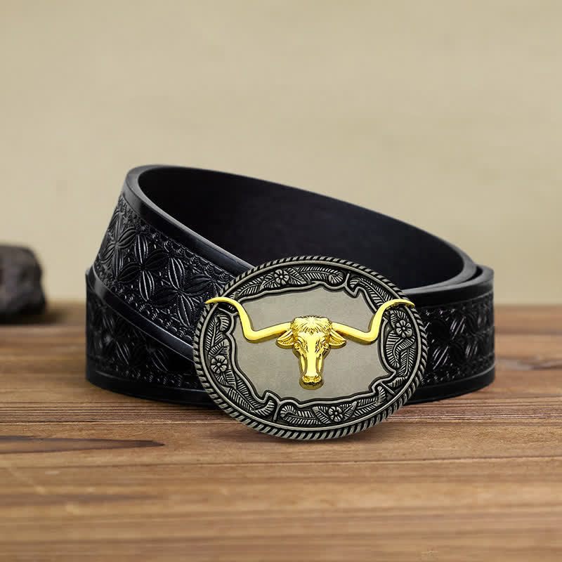Men's DIY Horse Bull Animal Buckle Leather Belt - Bull - Black Embossed Weave Belt (38) - image 12