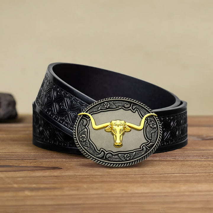 Men's DIY Horse Bull Animal Buckle Leather Belt - Bull - Black Embossed Weave Belt (38) - image 12