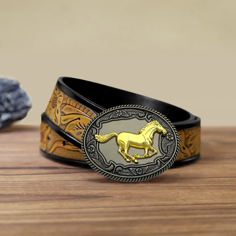 Men's DIY Horse Bull Animal Buckle Leather Belt - Horse - SandyBrown Belt (40) - image 7