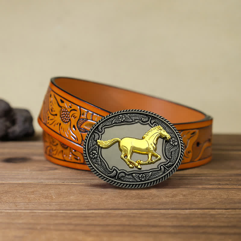 Men's DIY Horse Bull Animal Buckle Leather Belt - Horse - Orange Carved Belt (40) - image 8