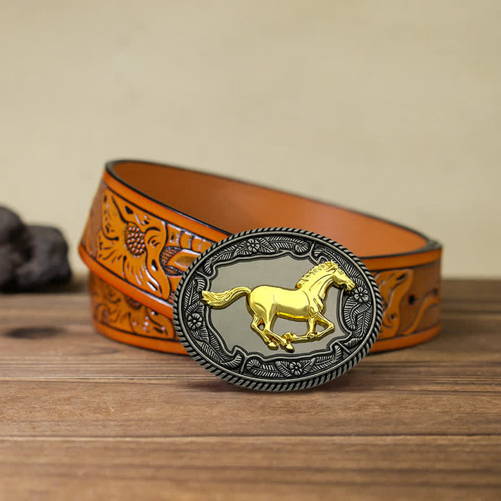 Men's DIY Horse Bull Animal Buckle Leather Belt - Horse - Orange Carved Belt (40) - image 8