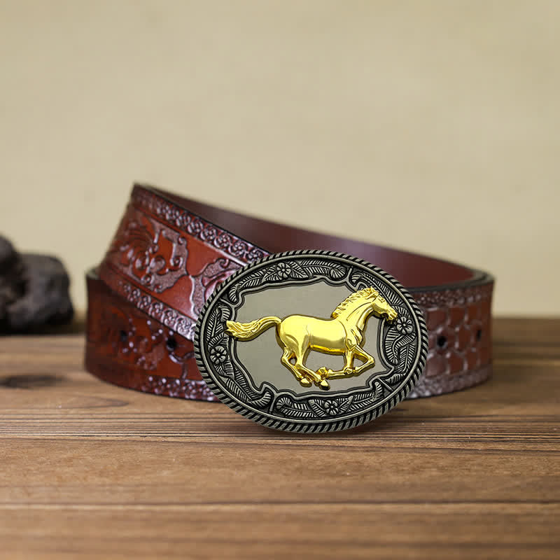 Men's DIY Horse Bull Animal Buckle Leather Belt - Horse - Brown Carved Belt (40) - image 6
