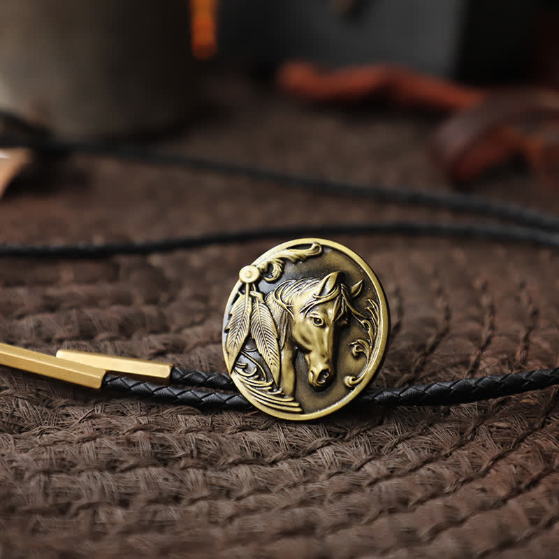 Horse Head Relief Bolo Tie - Antique Gold - PU Leather - image 5