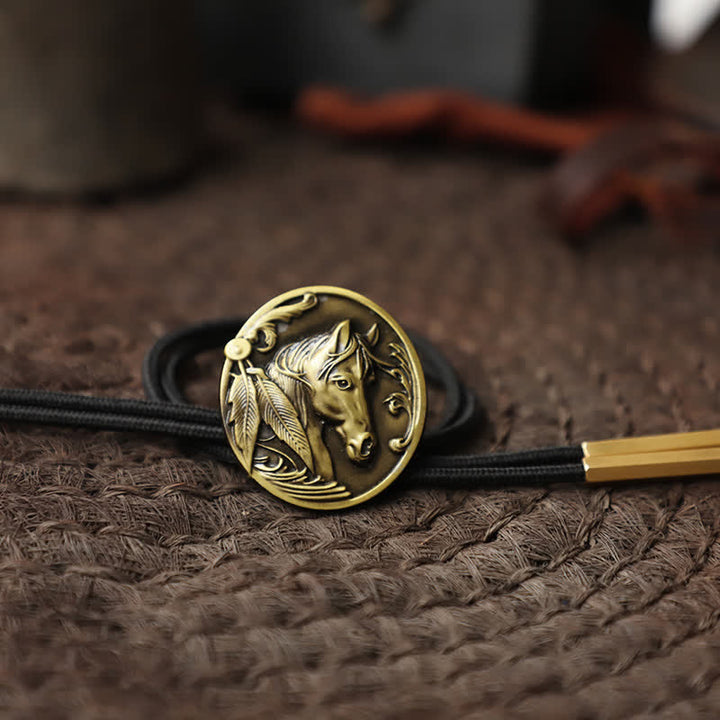 Horse Head Relief Bolo Tie - Antique Gold - Rope - image 8