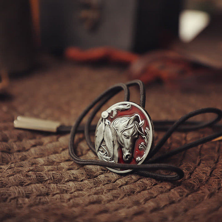 Horse Head Relief Bolo Tie - Red - Rope - image 3