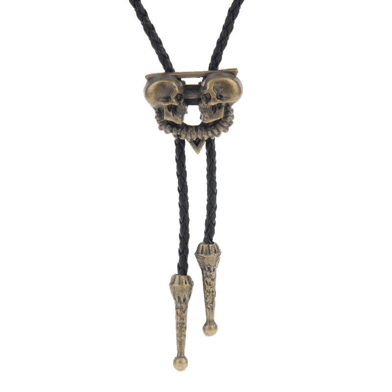 Flying Eagle Animal Western Bolo Tie - Double Skulls - Antique Gold - image 14