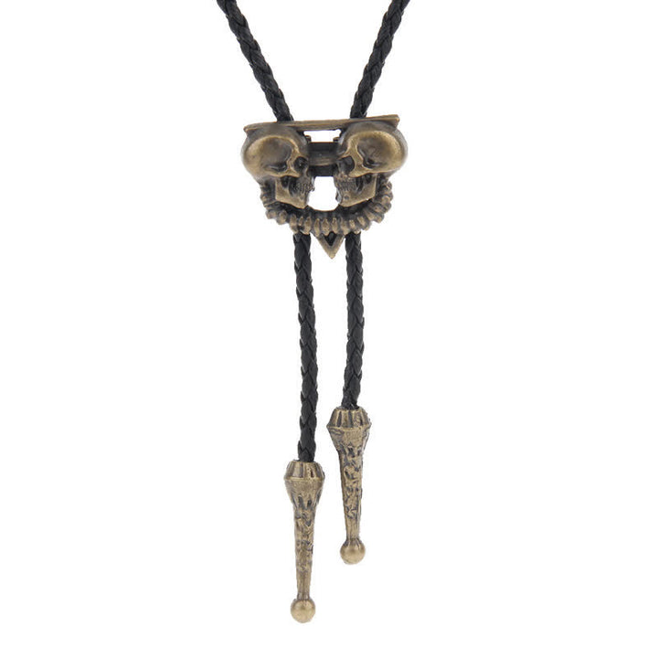Flying Eagle Animal Western Bolo Tie - Double Skulls - Antique Gold - image 14