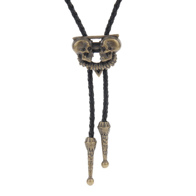 Double Skeleton Skull Heads Bolo Tie - Antique Gold - image 5