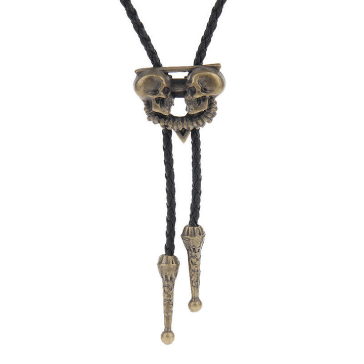 Double Skeleton Skull Heads Bolo Tie - Antique Gold - image 5